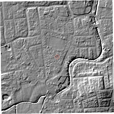 Shaded relief map of the ground around FY54BW, computed from Environment Agency LiDAR. The ground here sits at about 5 m above sea level and falls 9 m across the surrounding 800 m. The ground contributing surface water to this point lies to the east-north-east.