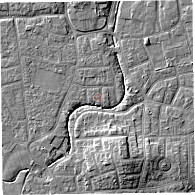 Shaded relief map of the ground around FY54BX, computed from Environment Agency LiDAR. The ground here sits at about 5 m above sea level and falls 9 m across the surrounding 800 m. Surface water reaching this point runs off ground lying to the west, 0.7 m higher.