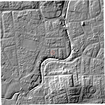 Shaded relief map of the ground around FY54BY, computed from Environment Agency LiDAR. The ground here sits at about 5 m above sea level and falls 9 m across the surrounding 800 m. Surface water reaching this point runs off ground lying to the south-west, 1.0 m higher.