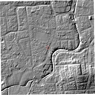 Shaded relief map of the ground around FY54BZ, computed from Environment Agency LiDAR. The ground here sits at about 5 m above sea level and falls 9 m across the surrounding 800 m. Surface water reaching this point runs off ground lying to the south-south-west, 1.0 m higher.