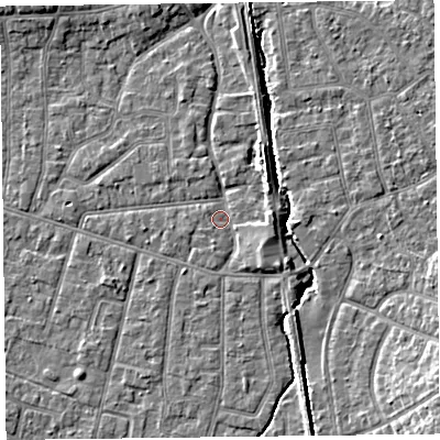 Shaded relief map of the ground around FY54DA, computed from Environment Agency LiDAR. The ground here sits at about 5 m above sea level and falls 7 m across the surrounding 800 m. Surface water reaching this point runs off ground lying to the east, 2.3 m higher.