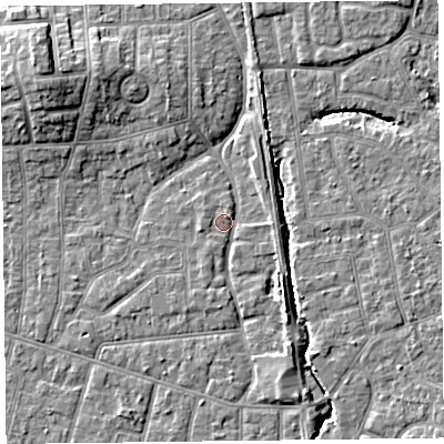 Shaded relief map of the ground around FY54DB, computed from Environment Agency LiDAR. The ground here sits at about 5 m above sea level and falls 9 m across the surrounding 800 m. Surface water reaching this point runs off ground lying to the south-east, 3.3 m higher.