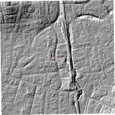Shaded relief map of the ground around FY54DD, computed from Environment Agency LiDAR. The ground here sits at about 5 m above sea level and falls 9 m across the surrounding 800 m. Surface water reaching this point runs off ground lying to the east-south-east, 3.3 m higher.