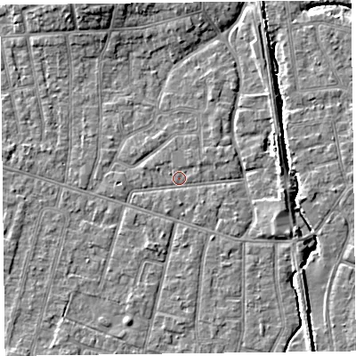 Shaded relief map of the ground around FY54DE, computed from Environment Agency LiDAR. The ground here sits at about 5 m above sea level and falls 7 m across the surrounding 800 m. Surface water reaching this point runs off ground lying to the north-east, 0.9 m higher.