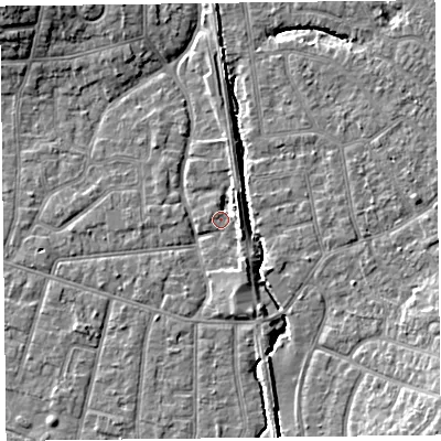 Shaded relief map of the ground around FY54DF, computed from Environment Agency LiDAR. The ground here sits at about 5 m above sea level and falls 8 m across the surrounding 800 m. Surface water reaching this point runs off ground lying to the south-south-east, 2.3 m higher.