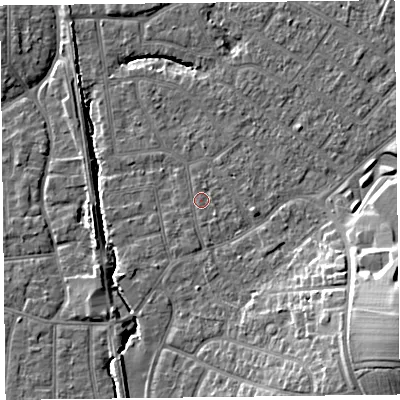 Shaded relief map of the ground around FY54DG, computed from Environment Agency LiDAR. The ground here sits at about 5 m above sea level and falls 15 m across the surrounding 800 m. Surface water reaching this point runs off ground lying to the south-east, 0.7 m higher.