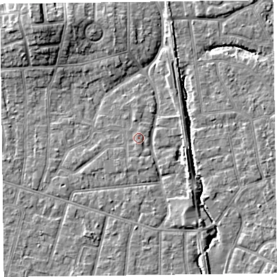 Shaded relief map of the ground around FY54DH, computed from Environment Agency LiDAR. The ground here sits at about 5 m above sea level and falls 9 m across the surrounding 800 m. Surface water reaching this point runs off ground lying to the south-south-west, 0.7 m higher.