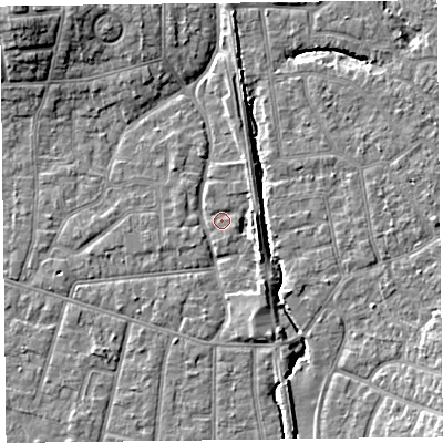 Shaded relief map of the ground around FY54DJ, computed from Environment Agency LiDAR. The ground here sits at about 5 m above sea level and falls 9 m across the surrounding 800 m. Surface water reaching this point runs off ground lying to the east-south-east, 3.3 m higher.