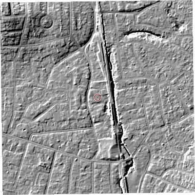 Shaded relief map of the ground around FY54DL, computed from Environment Agency LiDAR. The ground here sits at about 5 m above sea level and falls 9 m across the surrounding 800 m. Surface water reaching this point runs off ground lying to the south-east, 3.3 m higher.