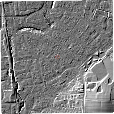 Shaded relief map of the ground around FY54DN, computed from Environment Agency LiDAR. The ground here sits at about 5 m above sea level and falls 16 m across the surrounding 800 m. Surface water reaching this point runs off ground lying to the south, 0.9 m higher.