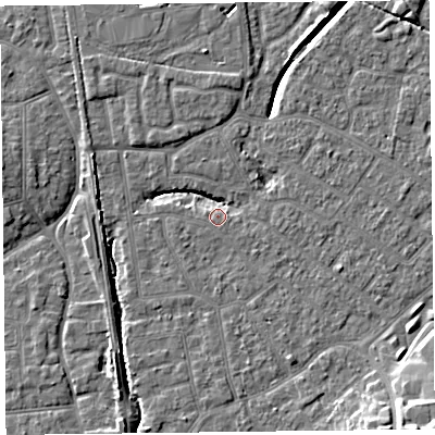 Shaded relief map of the ground around FY54DP, computed from Environment Agency LiDAR. The ground here sits at about 5 m above sea level and falls 11 m across the surrounding 800 m. Surface water reaching this point runs off ground lying to the east-south-east, 3.2 m higher.