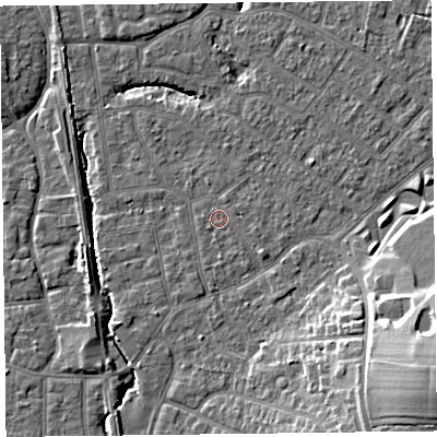 Shaded relief map of the ground around FY54DQ, computed from Environment Agency LiDAR. The ground here sits at about 5 m above sea level and falls 16 m across the surrounding 800 m. Surface water reaching this point runs off ground lying to the east-south-east, 0.9 m higher.