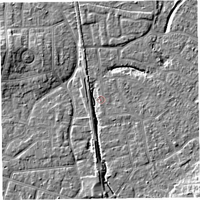 Shaded relief map of the ground around FY54DR, computed from Environment Agency LiDAR. The ground here sits at about 5 m above sea level and falls 7 m across the surrounding 800 m. Surface water reaching this point runs off ground lying to the south, 4.1 m higher.