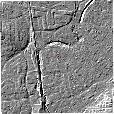 Shaded relief map of the ground around FY54DS, computed from Environment Agency LiDAR. The ground here sits at about 5 m above sea level and falls 11 m across the surrounding 800 m. Surface water reaching this point runs off ground lying to the north, 0.7 m higher.