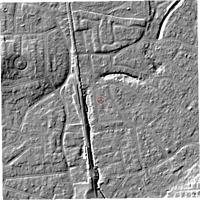 Shaded relief map of the ground around FY54DT, computed from Environment Agency LiDAR. The ground here sits at about 5 m above sea level and falls 8 m across the surrounding 800 m. Surface water reaching this point runs off ground lying to the east-south-east, 1.2 m higher.