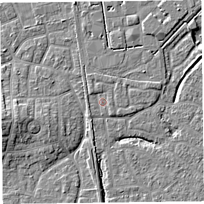 Shaded relief map of the ground around FY54DU, computed from Environment Agency LiDAR. The ground here sits at about 5 m above sea level and falls 8 m across the surrounding 800 m. Surface water reaching this point runs off ground lying to the north-north-west, 1.3 m higher.