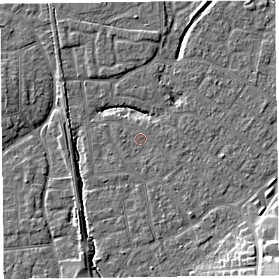 Shaded relief map of the ground around FY54DW, computed from Environment Agency LiDAR. The ground here sits at about 5 m above sea level and falls 13 m across the surrounding 800 m. Surface water reaching this point runs off ground lying to the west, 0.7 m higher.