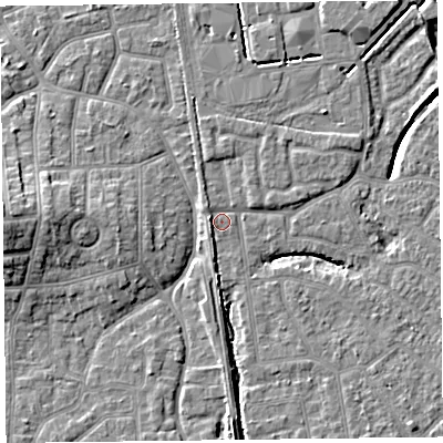 Shaded relief map of the ground around FY54DX, computed from Environment Agency LiDAR. The ground here sits at about 5 m above sea level and falls 9 m across the surrounding 800 m. Surface water reaching this point runs off ground lying to the west-north-west, 1.6 m higher.