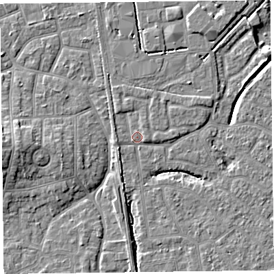 Shaded relief map of the ground around FY54DY, computed from Environment Agency LiDAR. The ground here sits at about 5 m above sea level and falls 7 m across the surrounding 800 m. Surface water reaching this point runs off ground lying to the west-south-west, 1.6 m higher.