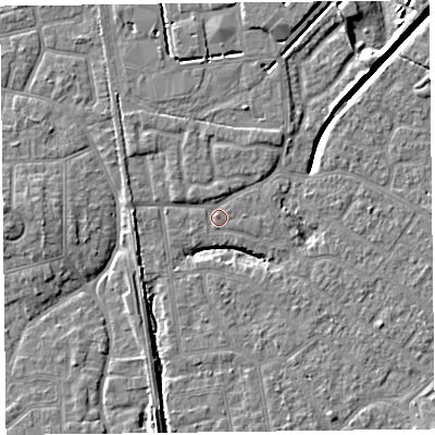 Shaded relief map of the ground around FY54DZ, computed from Environment Agency LiDAR. The ground here sits at about 5 m above sea level and falls 6 m across the surrounding 800 m. Surface water reaching this point runs off ground lying to the north-north-west, 0.7 m higher.