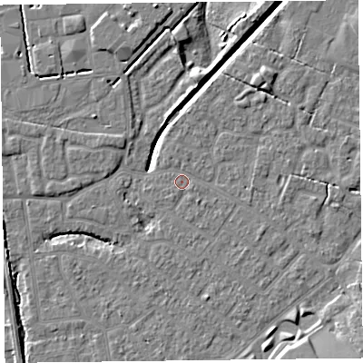 Shaded relief map of the ground around FY54EA, computed from Environment Agency LiDAR. The ground here sits at about 5 m above sea level and falls 7 m across the surrounding 800 m. Surface water reaching this point runs off ground lying to the north-east, 1.9 m higher.