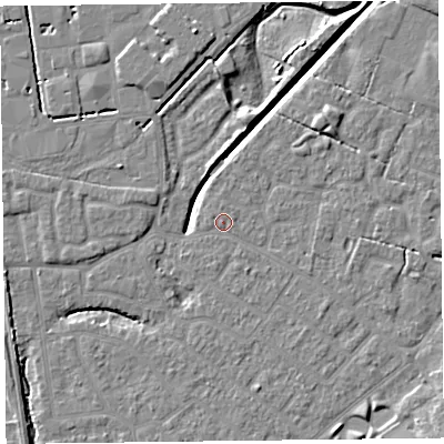Shaded relief map of the ground around FY54EB, computed from Environment Agency LiDAR. The ground here sits at about 5 m above sea level and falls 6 m across the surrounding 800 m. Surface water reaching this point runs off ground lying to the north-east, 1.9 m higher.