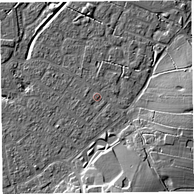 Shaded relief map of the ground around FY54ED, computed from Environment Agency LiDAR. The ground here sits at about 5 m above sea level and falls 11 m across the surrounding 800 m. Surface water reaching this point runs off ground lying to the west-north-west, 1.0 m higher.