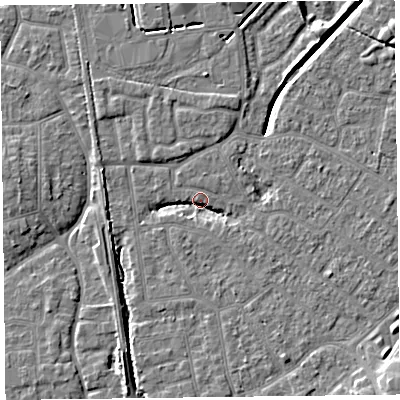 Shaded relief map of the ground around FY54EE, computed from Environment Agency LiDAR. The ground here sits at about 5 m above sea level and falls 7 m across the surrounding 800 m. Surface water reaching this point runs off ground lying to the east-south-east, 3.6 m higher.
