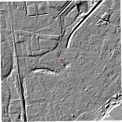 Shaded relief map of the ground around FY54EF, computed from Environment Agency LiDAR. The ground here sits at about 5 m above sea level and falls 7 m across the surrounding 800 m. Surface water reaching this point runs off ground lying to the east, 2.2 m higher.