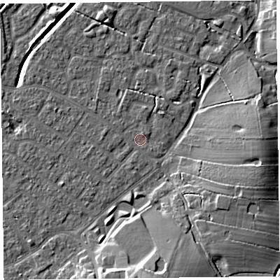 Shaded relief map of the ground around FY54EG, computed from Environment Agency LiDAR. The ground here sits at about 5 m above sea level and falls 11 m across the surrounding 800 m. Surface water reaching this point runs off ground lying to the north, 1.2 m higher.