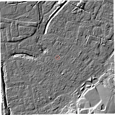 Shaded relief map of the ground around FY54EH, computed from Environment Agency LiDAR. The ground here sits at about 5 m above sea level and falls 11 m across the surrounding 800 m. The ground contributing surface water to this point lies to the north.