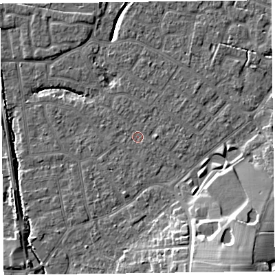 Shaded relief map of the ground around FY54EJ, computed from Environment Agency LiDAR. The ground here sits at about 5 m above sea level and falls 16 m across the surrounding 800 m. Surface water reaching this point runs off ground lying to the south-east, 13.2 m higher.