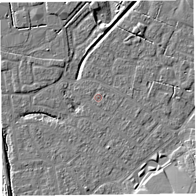 Shaded relief map of the ground around FY54EL, computed from Environment Agency LiDAR. The ground here sits at about 5 m above sea level and falls 8 m across the surrounding 800 m. Surface water reaching this point runs off ground lying to the west-north-west, 0.6 m higher.