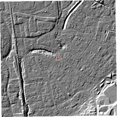 Shaded relief map of the ground around FY54EN, computed from Environment Agency LiDAR. The ground here sits at about 5 m above sea level and falls 13 m across the surrounding 800 m. Surface water reaching this point runs off ground lying to the east-south-east, 1.3 m higher.
