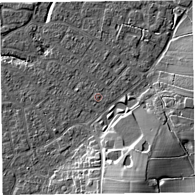 Shaded relief map of the ground around FY54EP, computed from Environment Agency LiDAR. The ground here sits at about 6 m above sea level and falls 16 m across the surrounding 800 m. Surface water reaching this point runs off ground lying to the east-north-east, 0.6 m higher.