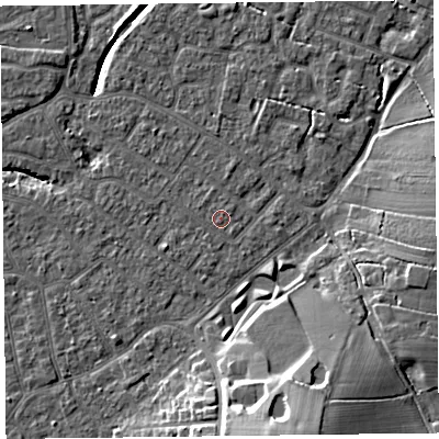 Shaded relief map of the ground around FY54EQ, computed from Environment Agency LiDAR. The ground here sits at about 5 m above sea level and falls 14 m across the surrounding 800 m. The ground contributing surface water to this point lies to the north-north-west.