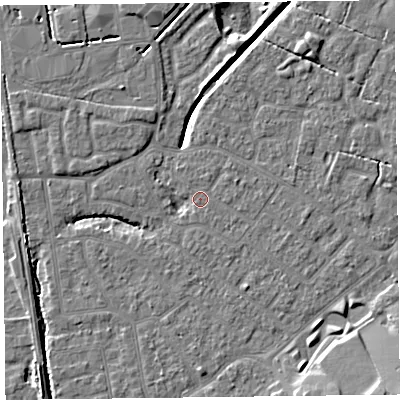 Shaded relief map of the ground around FY54ER, computed from Environment Agency LiDAR. The ground here sits at about 5 m above sea level and falls 9 m across the surrounding 800 m. Surface water reaching this point runs off ground lying to the east, 2.2 m higher.