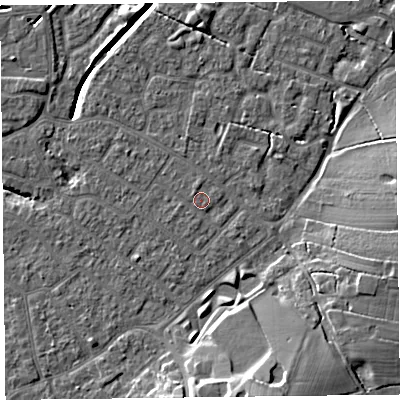 Shaded relief map of the ground around FY54ES, computed from Environment Agency LiDAR. The ground here sits at about 5 m above sea level and falls 11 m across the surrounding 800 m. Surface water reaching this point runs off ground lying to the north, 0.5 m higher.