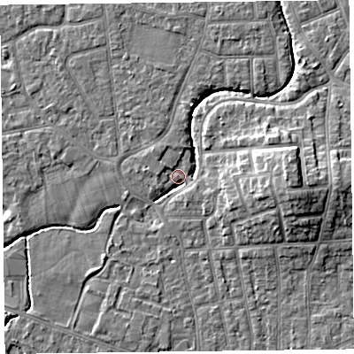 Shaded relief map of the ground around FY54ET, computed from Environment Agency LiDAR. The ground here sits at about 5 m above sea level and falls 9 m across the surrounding 800 m. Surface water reaching this point runs off ground lying to the north-west, 2.8 m higher.