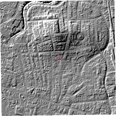 Shaded relief map of the ground around FY54EU, computed from Environment Agency LiDAR. The ground here sits at about 5 m above sea level and falls 9 m across the surrounding 800 m. Surface water reaching this point runs off ground lying to the north, 1.9 m higher.