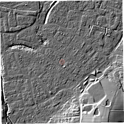 Shaded relief map of the ground around FY54EW, computed from Environment Agency LiDAR. The ground here sits at about 5 m above sea level and falls 15 m across the surrounding 800 m. Surface water reaching this point runs off ground lying to the south-south-east, 1.1 m higher.