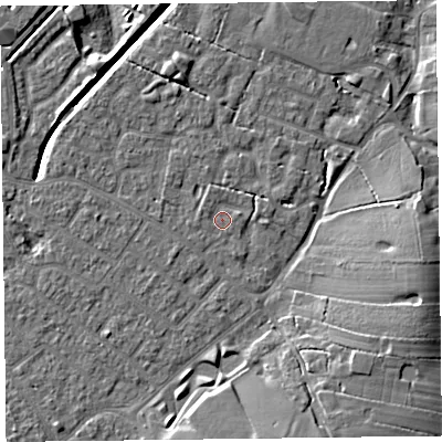 Shaded relief map of the ground around FY54EY, computed from Environment Agency LiDAR. The ground here sits at about 5 m above sea level and falls 9 m across the surrounding 800 m. Surface water reaching this point runs off ground lying to the east-north-east, 0.8 m higher.