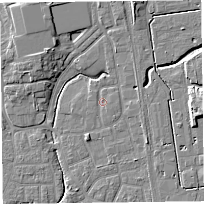 Shaded relief map of the ground around FY54EZ, computed from Environment Agency LiDAR. The ground here sits at about 5 m above sea level and falls 9 m across the surrounding 800 m. Surface water reaching this point runs off ground lying to the north-north-east, 6.6 m higher.