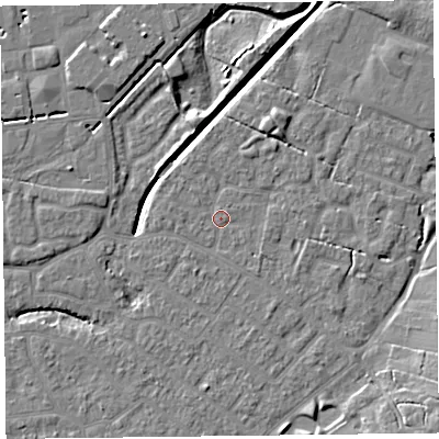 Shaded relief map of the ground around FY54FB, computed from Environment Agency LiDAR. The ground here sits at about 5 m above sea level and falls 8 m across the surrounding 800 m. Surface water reaching this point runs off ground lying to the north-east, 1.9 m higher.