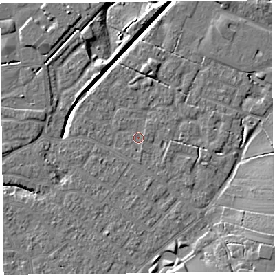 Shaded relief map of the ground around FY54FD, computed from Environment Agency LiDAR. The ground here sits at about 5 m above sea level and falls 9 m across the surrounding 800 m. Surface water reaching this point runs off ground lying to the north-north-east, 1.9 m higher.