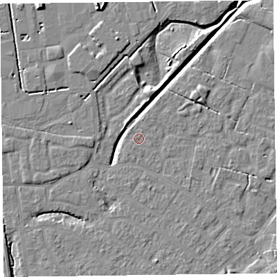 Shaded relief map of the ground around FY54FE, computed from Environment Agency LiDAR. The ground here sits at about 5 m above sea level and falls 9 m across the surrounding 800 m. Surface water reaching this point runs off ground lying to the south-south-west, 0.7 m higher.