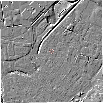 Shaded relief map of the ground around FY54FF, computed from Environment Agency LiDAR. The ground here sits at about 5 m above sea level and falls 7 m across the surrounding 800 m. Surface water reaching this point runs off ground lying to the west-north-west, 0.7 m higher.