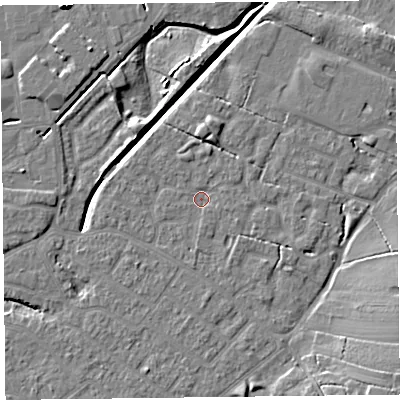 Shaded relief map of the ground around FY54FG, computed from Environment Agency LiDAR. The ground here sits at about 5 m above sea level and falls 9 m across the surrounding 800 m. Surface water reaching this point runs off ground lying to the north-north-east, 1.6 m higher.