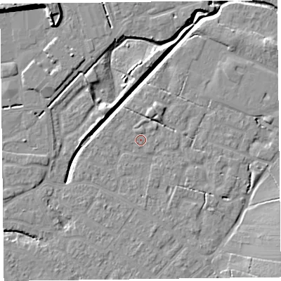 Shaded relief map of the ground around FY54FH, computed from Environment Agency LiDAR. The ground here sits at about 5 m above sea level and falls 11 m across the surrounding 800 m. Surface water reaching this point runs off ground lying to the north-east, 1.3 m higher.