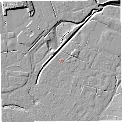 Shaded relief map of the ground around FY54FJ, computed from Environment Agency LiDAR. The ground here sits at about 6 m above sea level and falls 11 m across the surrounding 800 m. Surface water reaching this point runs off ground lying to the east-north-east, 0.8 m higher.